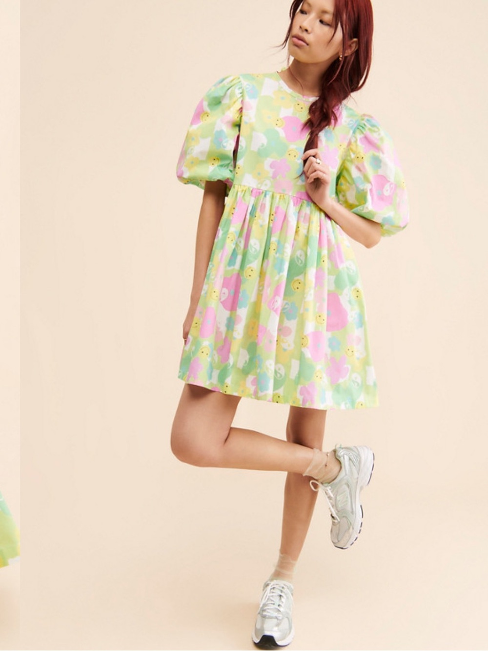 By Megan Crosby Pastel Floral Smiley Dress Puff Sleeve Retro Cottagecore Olive M